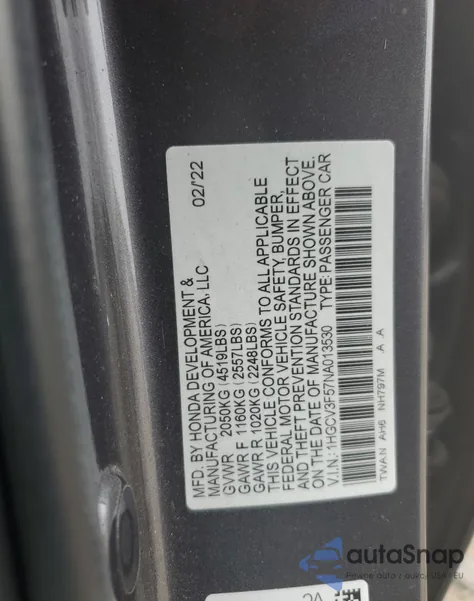 2022 Honda Accord Hybrid Exl from USA, damaged, VIN 1HGCV3F57NA013530